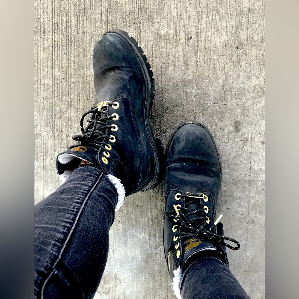 Timberland Black Boots with Gold Grommets and Logo